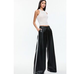 Alice + Olivia Elba Low Rise Vegan Leather Wide Leg Pants Black Stripe XS NEW‎